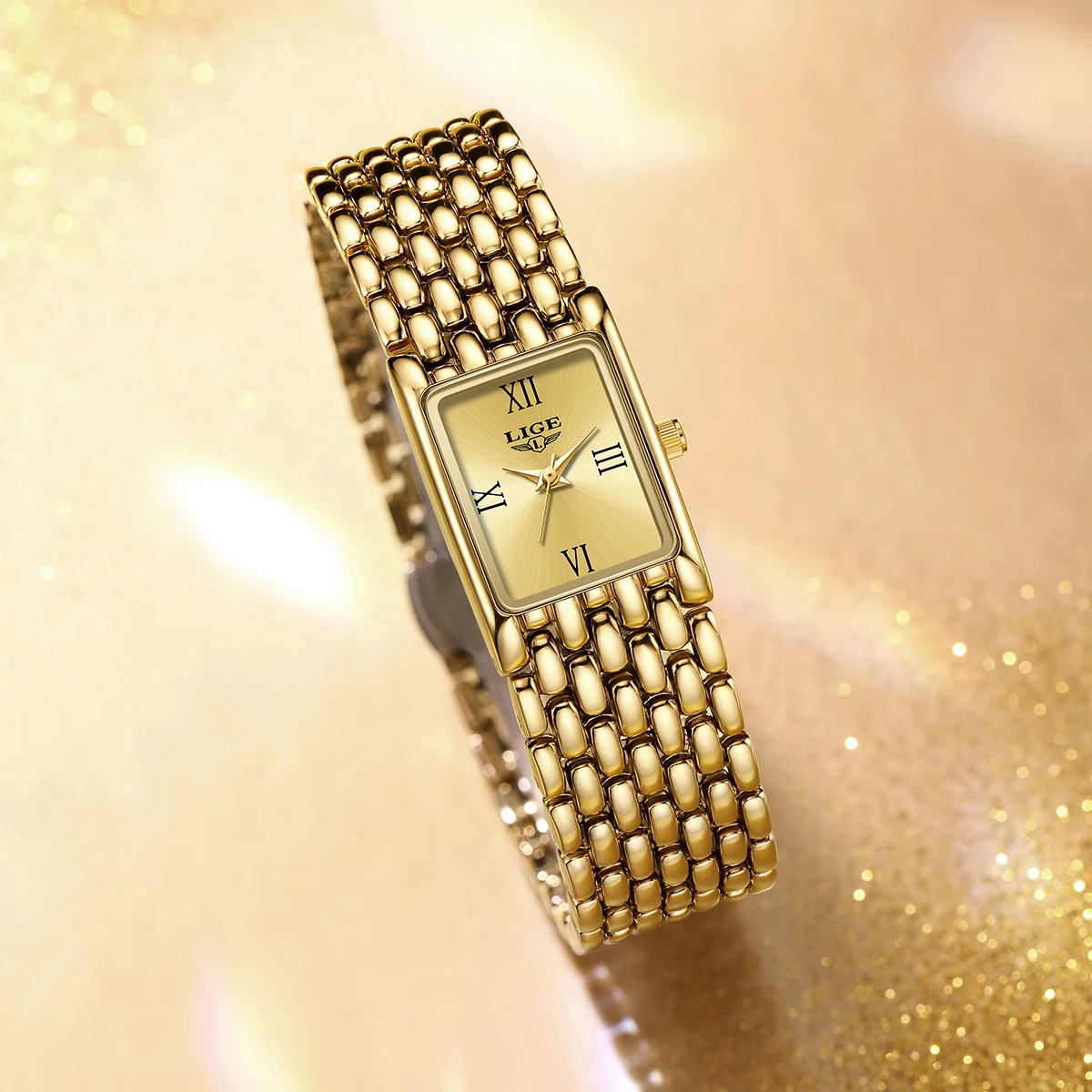 LIGE Gold Watch for Women Square Ladies Quartz Wristwatches Stainless Steel Women Small Gold Watch Luxury Casual Fashion Watch 3