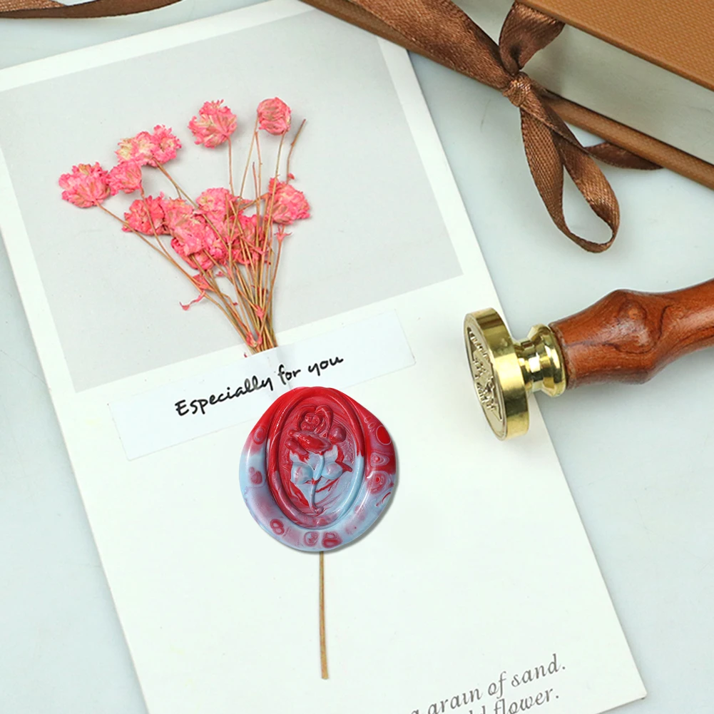 Oval Wax Seal Copper Head with Handle Embossed Rose Flower Stamp Reusable for Wedding Party Birthday Invitation