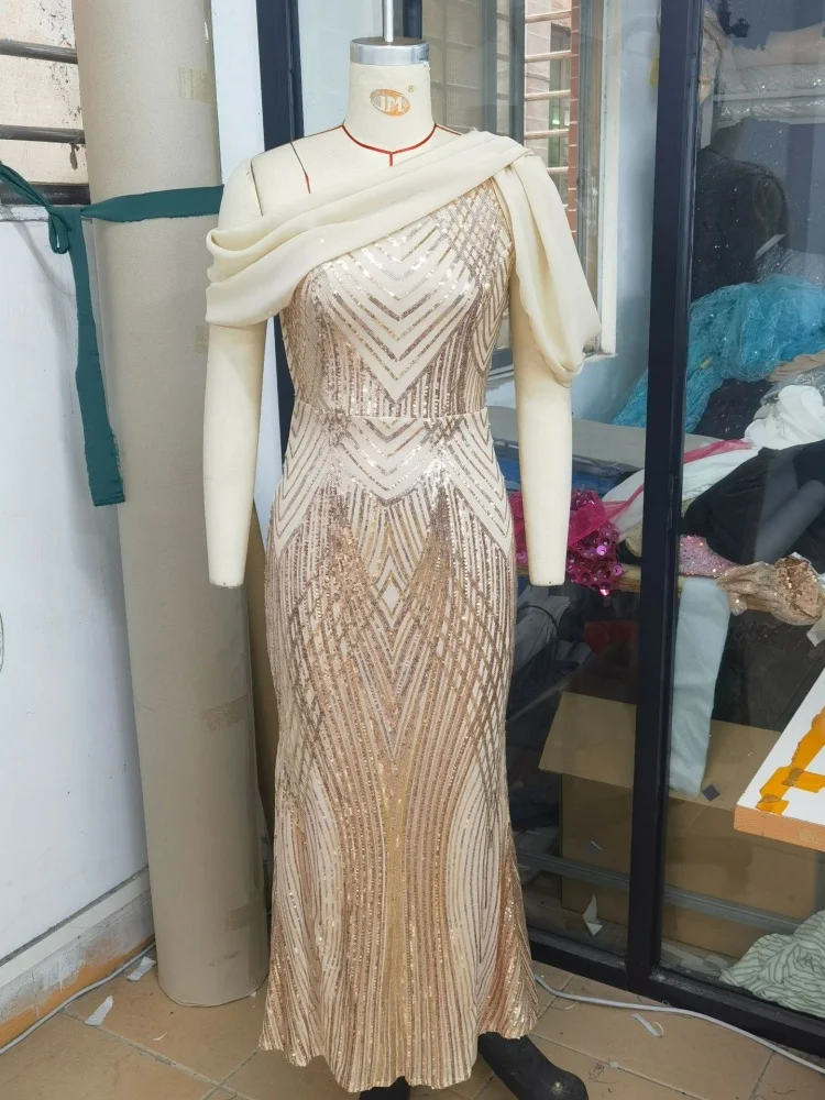 Wmstar Dress Women Wholesale Hot Selling New European American  Single Shoulder Chiffon Patchwork Sequined Long  Party 2025