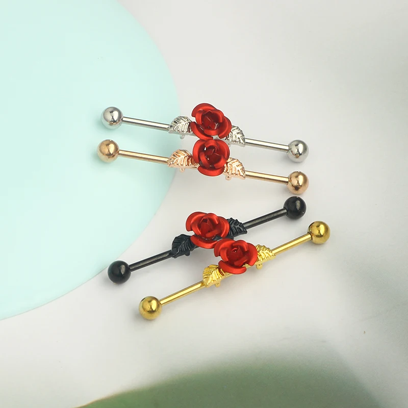Wholesales 14g Industrial earrings barbell stainless steel rose flower black long 38mm conch helix industrial piercing bar body