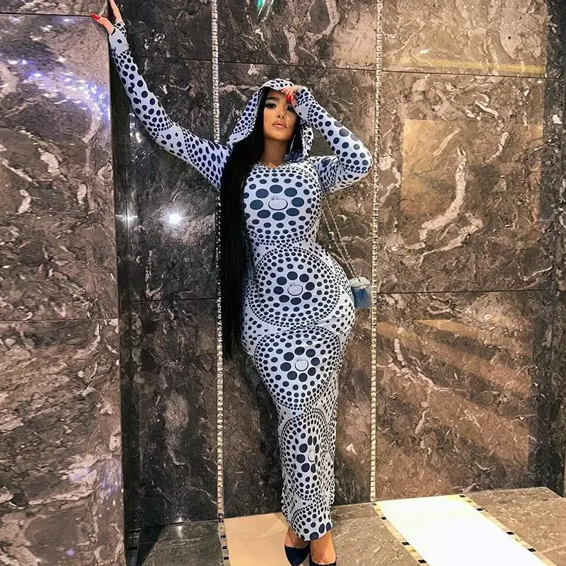 461011001 Fashionable dot print hooded long sleeved buttocks wrapped slim fitting dress for street trendy women