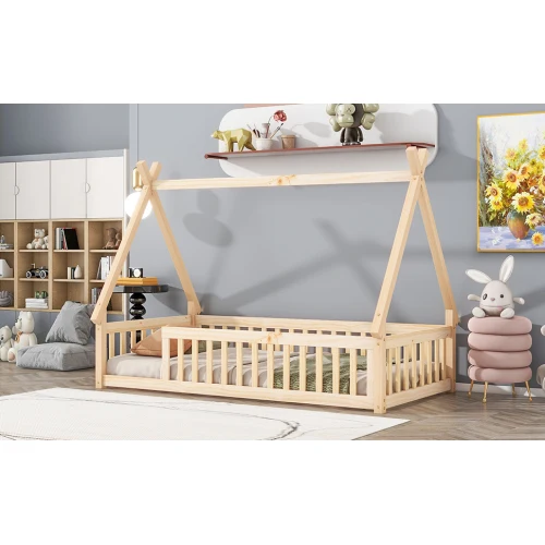 Tent-shaped Floor Bed, Bed with Guardrails, Slats,Natural 5