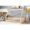 Tent-shaped Floor Bed, Bed with Guardrails, Slats,Natural 5