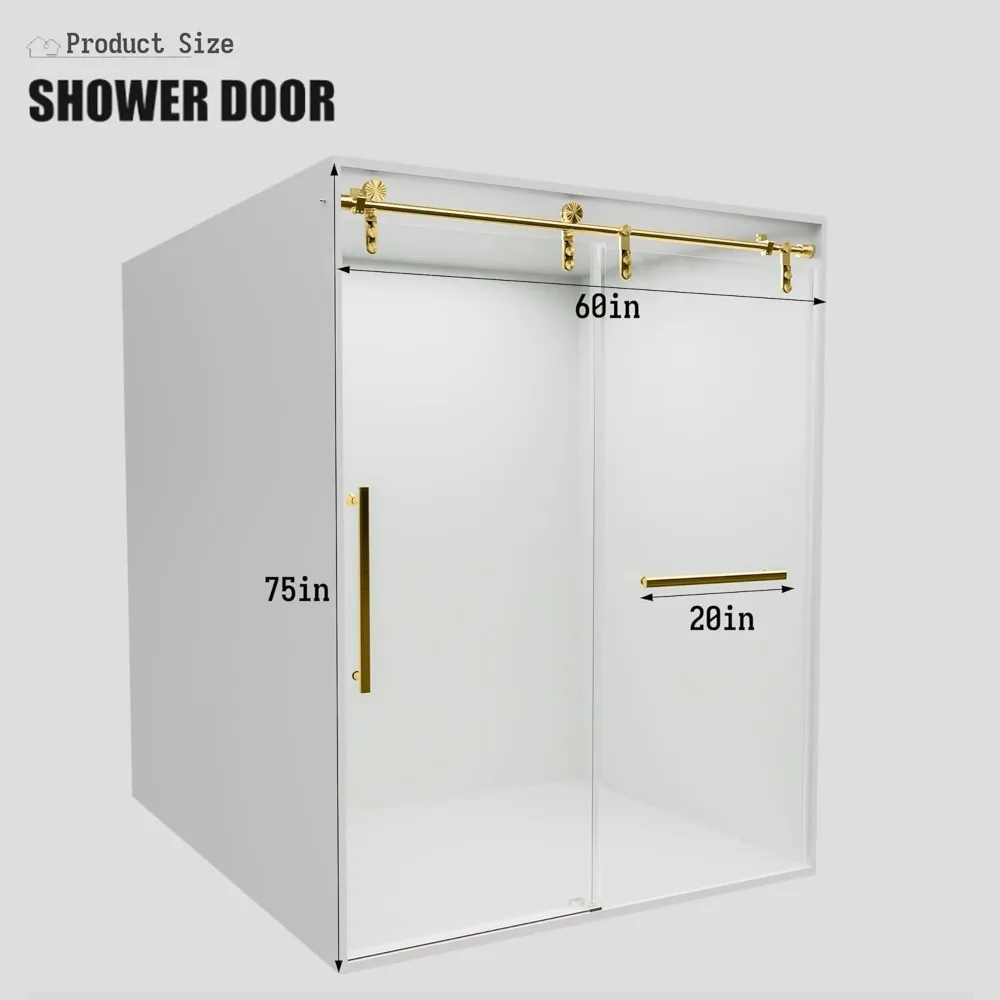 Frameless Slidable Shower Door, 56-60" W × 76" H, 5/16" Clear Tempered Glass, Gold Stainless Steel Handle, Noiseless Shower Door 4