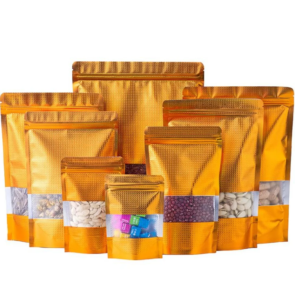 

1000Pcs Gold Stand Up Embossed Aluminum Foil Bags With Window Mylar Foil Plastic Pouch Nuts Sachet Zipper Reclosable