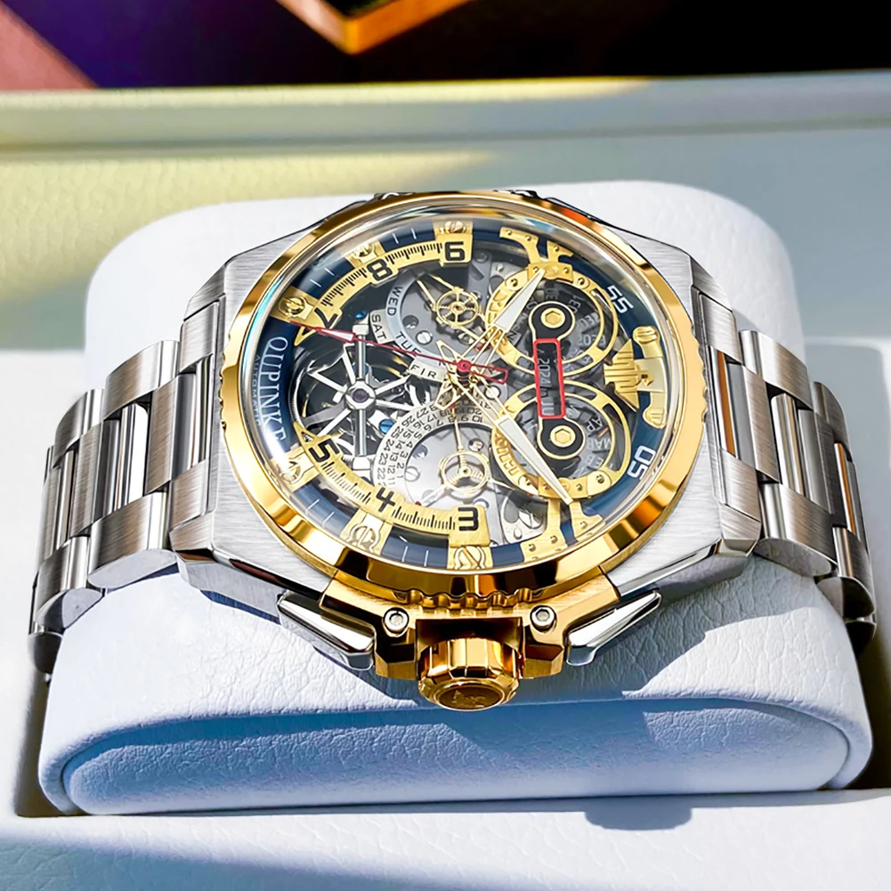 OUPINKE 3266 Automatic Man Watch Skeleton Flywheel Mechanical Watch For Men 45mm Big Dial 50M Waterproof Luxury Men's Watches