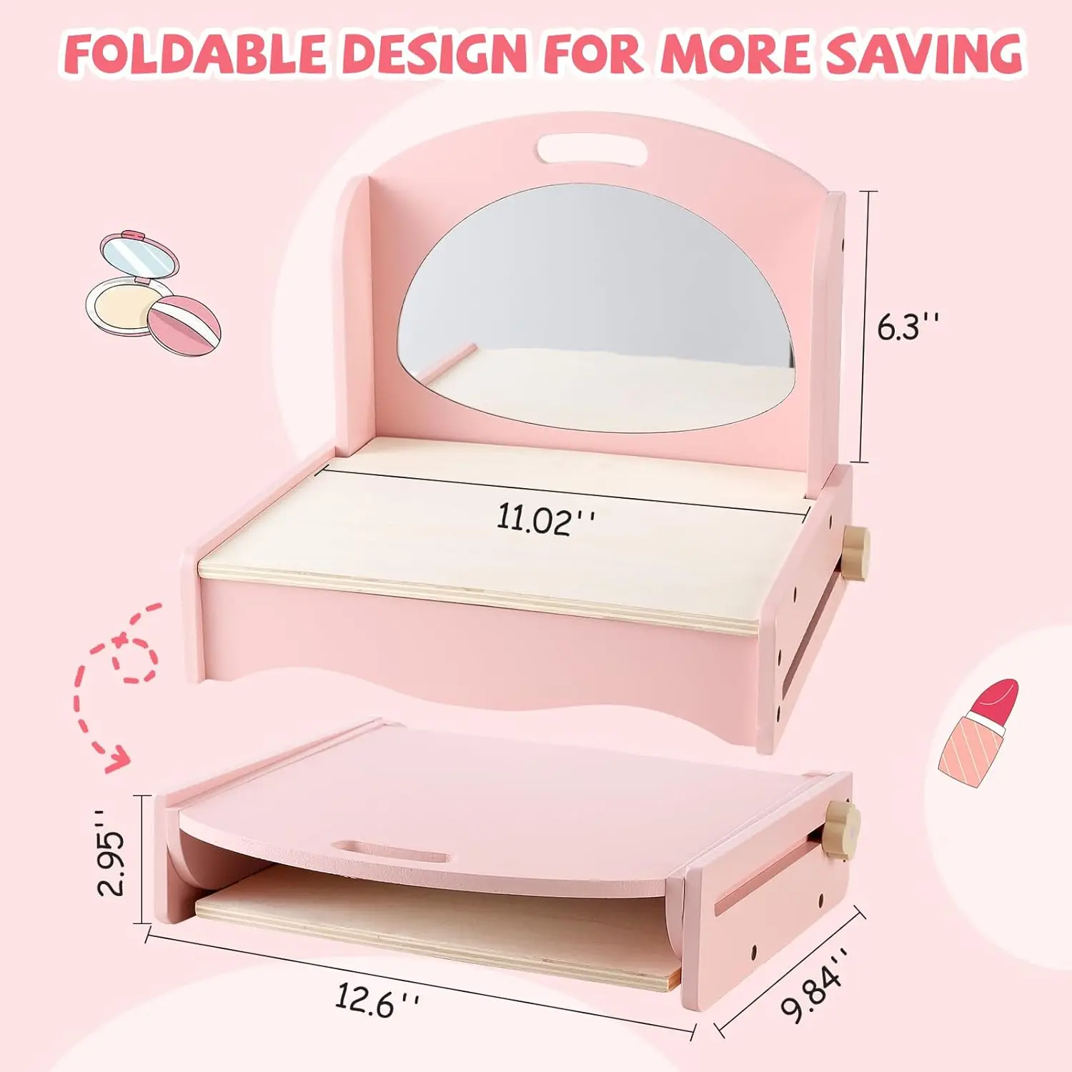 Wooden Vanity Table Toy for Little Girls, Kids Beauty Salon Play Set with Accessories 15 pcs, Pretend Play Toddler Makeup Kit Ta