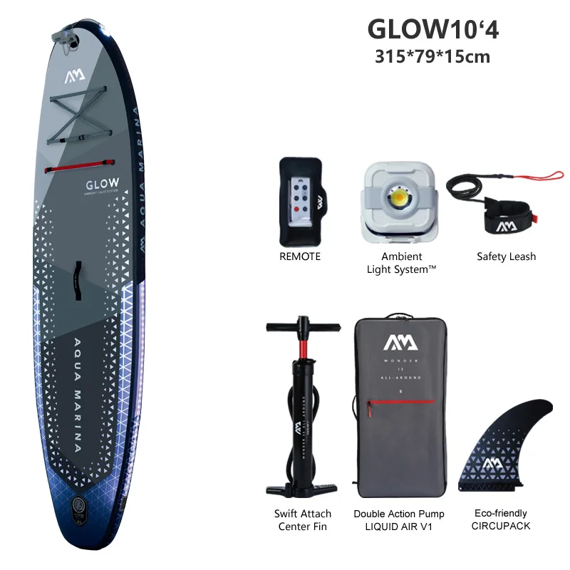 AQUA MARINA GLOW 앰비언트 라이트 시스템 패들 보드 SUP 스탠드 업 패들 서핑 보드 숄더백, 고압 펌프 수상 스포츠