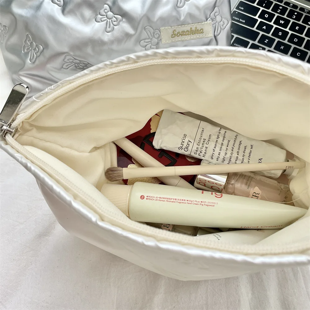 Ins Bow PU Quilted Bow Handbag Makeup Bag Skincare Products Wallet Inner Container Multi functional Storage Bag 2