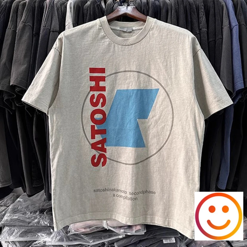 

2024 Apricot SATOSHI Red Logo T-shirt Men Women Blue Reverse Arrow Disc Print Tee High Quality Loose Short Sleeve Tops