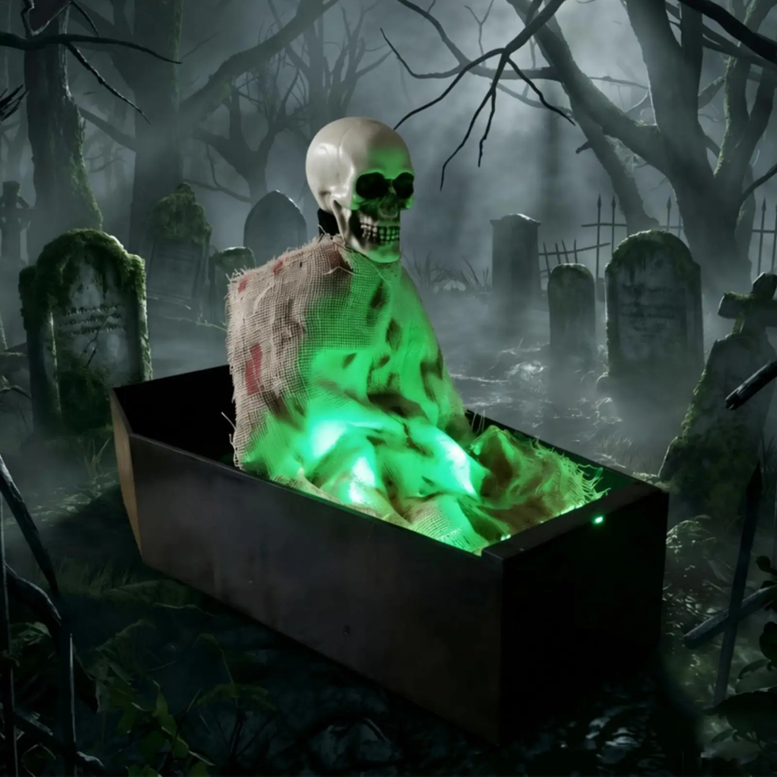 Sound-Activated Animated Skeleton Coffin with Green LED Lights and Scary Sounds - Halloween Decor for Home and Parties