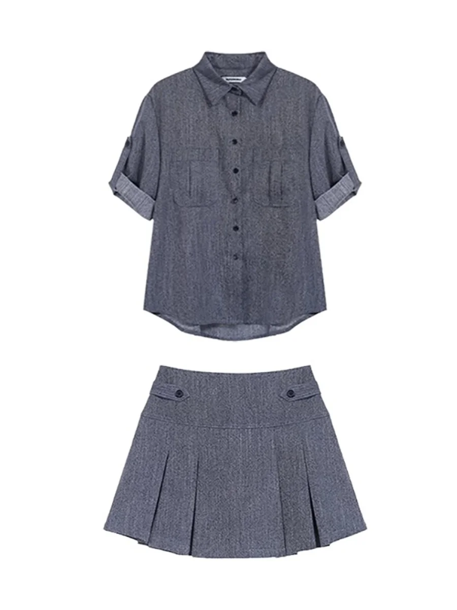 여름 새로운 여성 데님 세트 높은 허리 미디 스커트 빈티지 슬리브 셔츠 투피스 유행 한국 스타일 의류