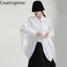 

Creatingttime 2022 Spring New Fashion Women's Solid Color Lapel Single Breasted Simple Irregular Loose Long Sleeve Shirt GA427