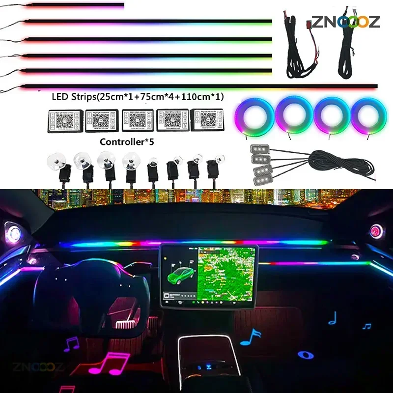 

Universal 22in1 Atmosphere Symphony Light For Car Interior RGB 213 Color LED Acrylic Strip Decoration Ambient Light App Control