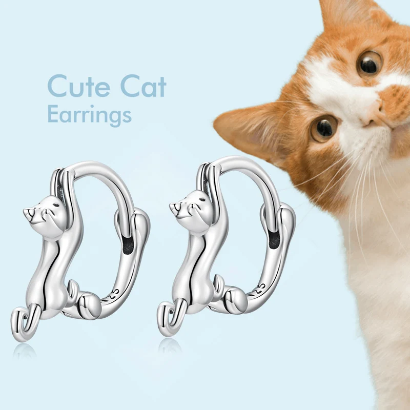 925 Sterling Silver Cat Stud Earrings For Women