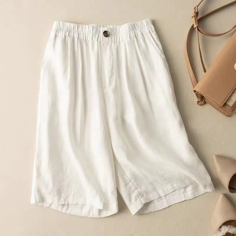 Green Cotton and Linen Lady Shorts Quarter Pants 2024 Summer Retro Style Loose Comfortable Multicolor All-match Wide Leg Pants