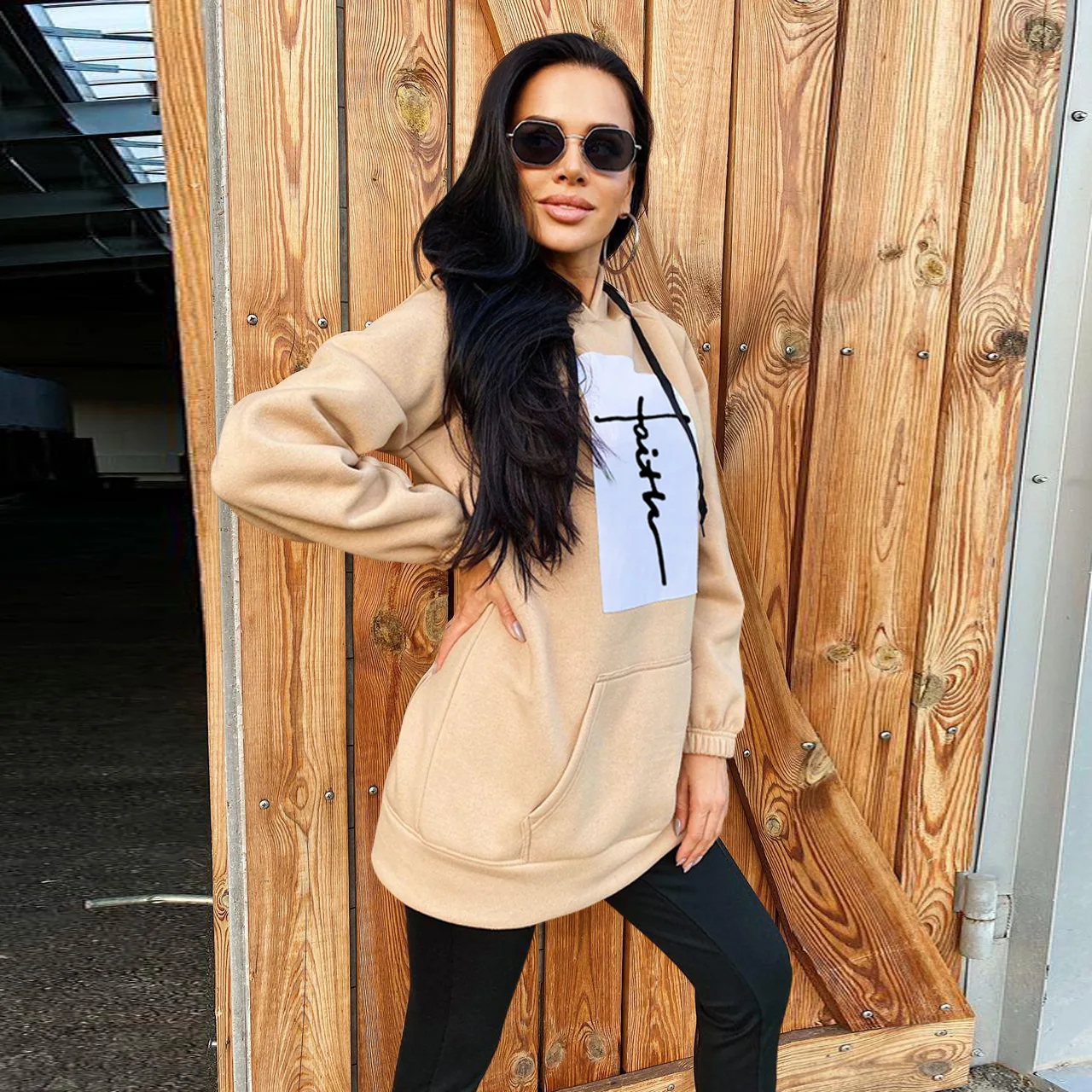FNOCE Women's Hooded Sweatshirt Autumn Winter Letter Printing Loose Casual Long Sleeves Pulovers Solid Color Hoodies 2023 Urban