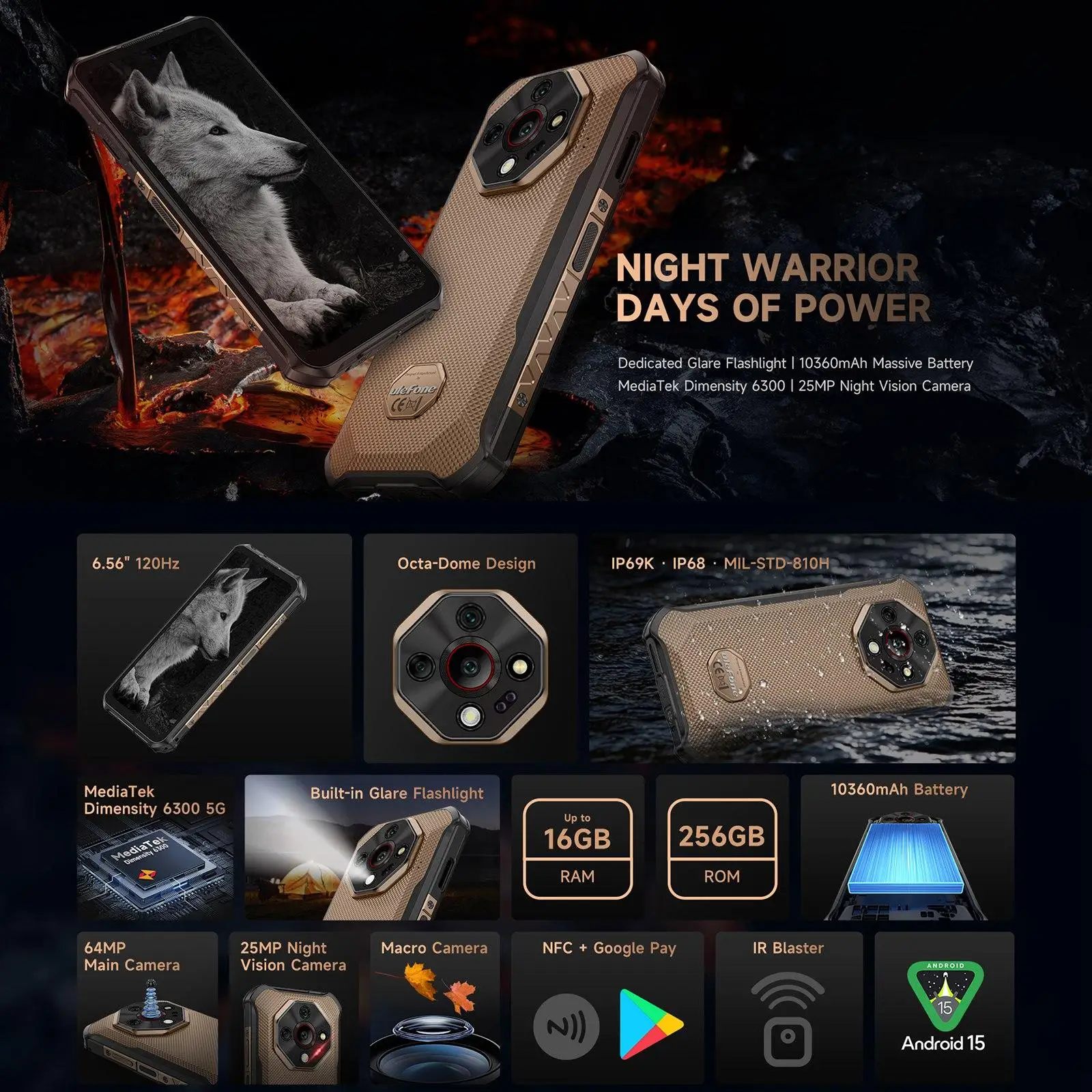 Ulefone Armor X16 Pro 5G Rugged Smartphone 5G 10360mAh Battery Night Vision 6.56” 120Hz 8GB 256GB 64MP Camera Android 15 NFC