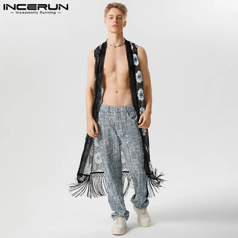 INCERUN Tops 2023 American Style New Mens Fashion Sexy Tracery Lattice Long-style Shirts Casual Sleeveless Loose Cardigan Blouse