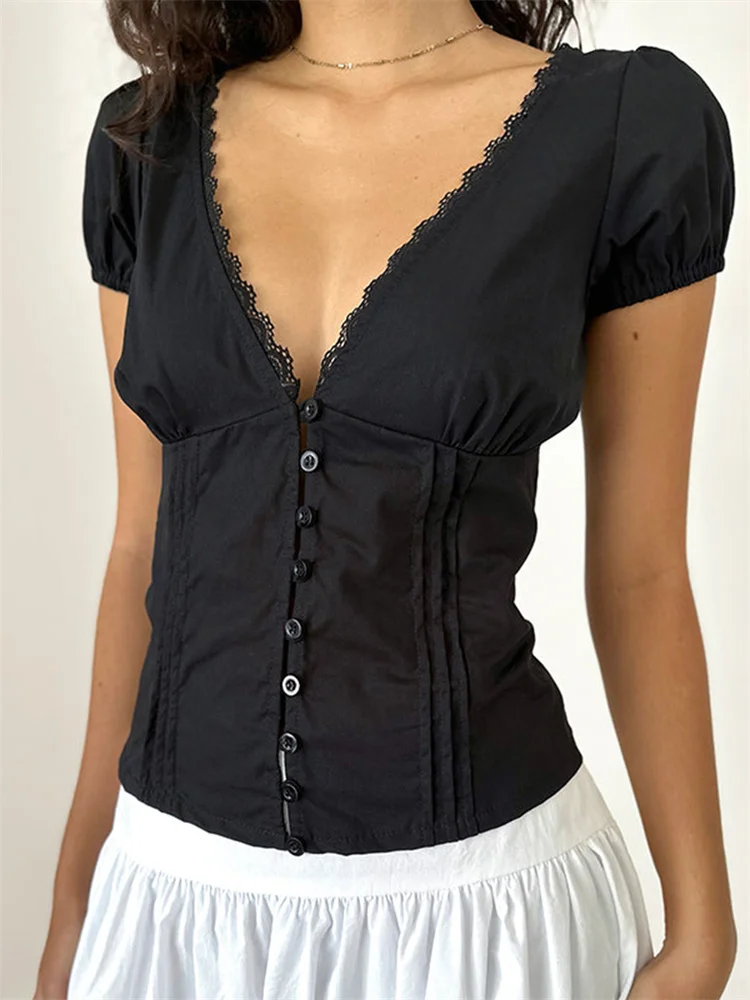 Women Summer Short Sleeve V Neck Lace Trim Tops