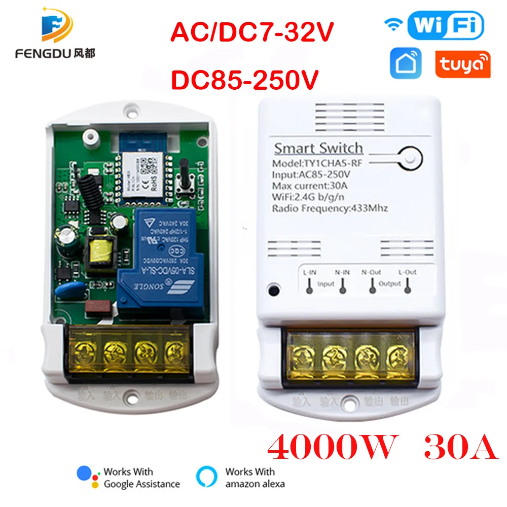 

WiFi 30A Relay Module Switch 85-250V 220V 12V 4000W RF Controller Timer SmartLife Remote Control Alexa Google Home Tuya Smart