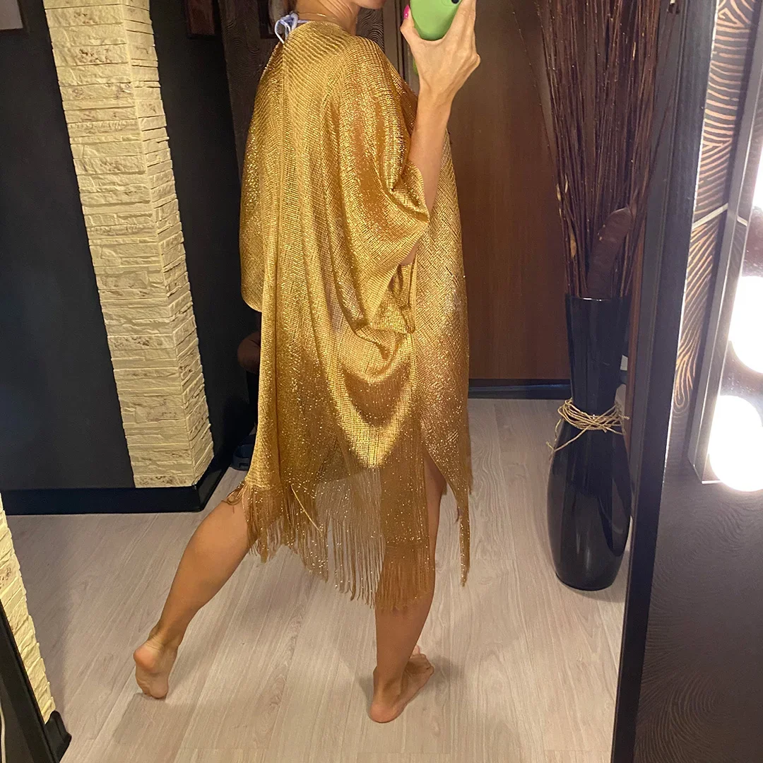 Sexy Fringe Tassel Mesh Sheer Shiny Knitted Tunic Beach Cover Up Cover-ups Beach Dress Beach Wear Beachwear Female Women