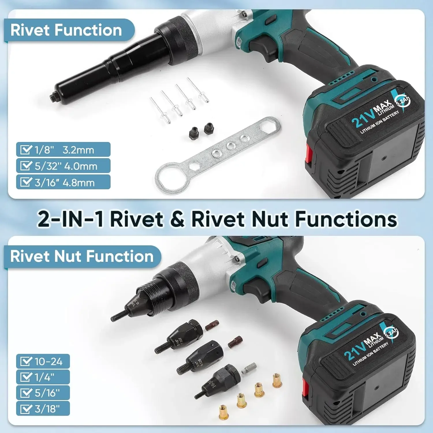 2-IN-1 Cordless Rivet Nut Gun Set (10-24 & 1/4 & 5/16 & 3/8), Portable Battery Powered Pop Rivet Insert Installation Tool Automa 2