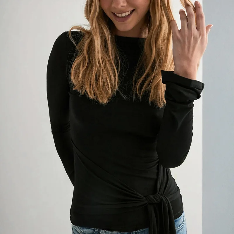 Spring and Autumn New Fashion 2026 Women's O Neck Long Sleeve T-Shirt Elegant Flared Sleeve Cinched Waist Lace-up Pullover Top