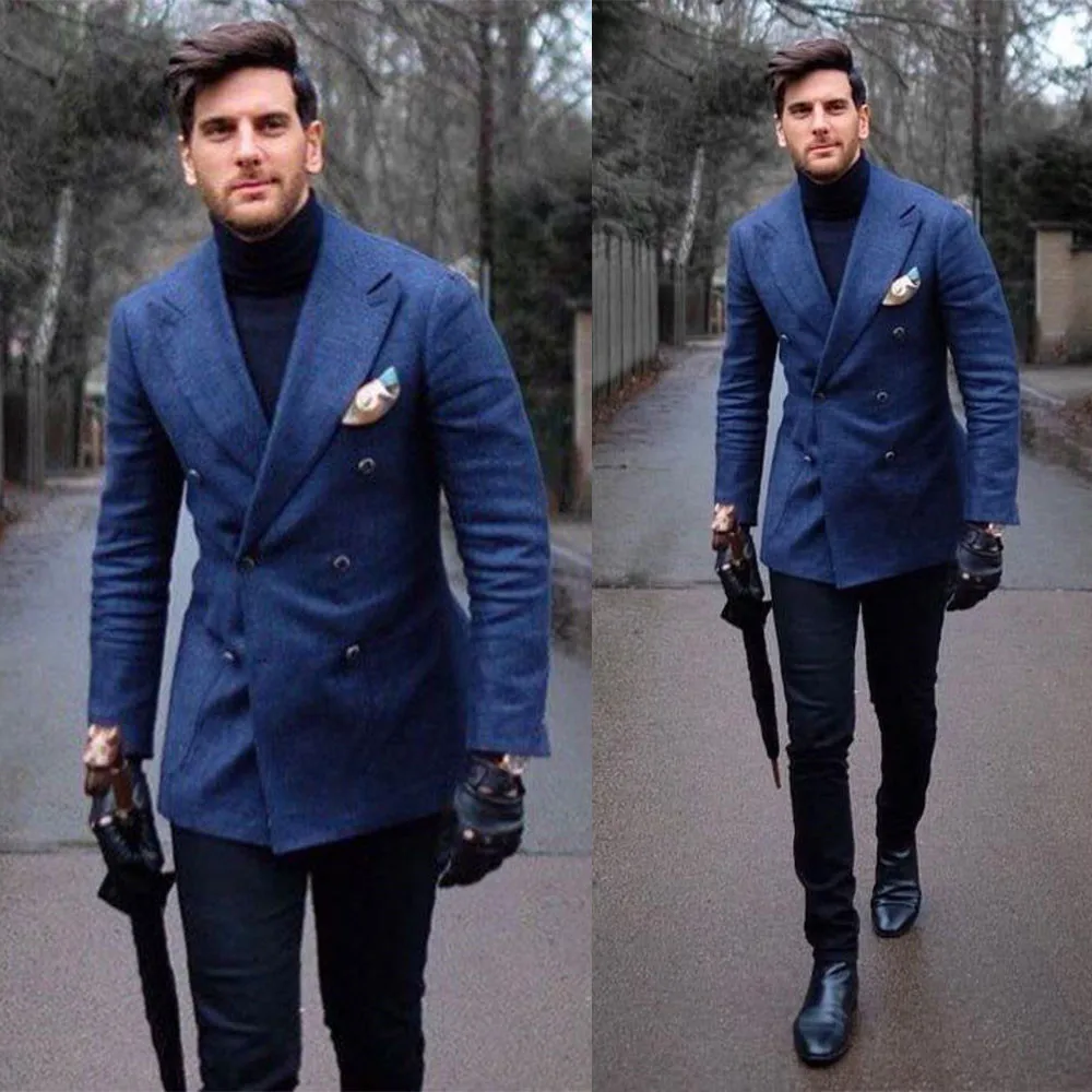 

Custom Size Dark Blue Groomsmen Tuxedos Peaked Lapel Groom Men Suits Wedding Prom Best Man Blazer Jacket With Pants 2 Pieces Set