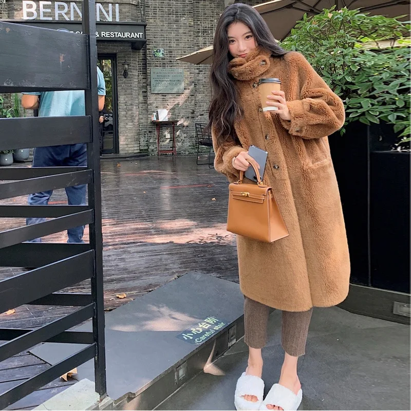 New Fur Coat Women's Lamb Fur Fur Fur One Sheep Sheared Wool Medium and Long Standing Collar Fur Coat Thick Winter