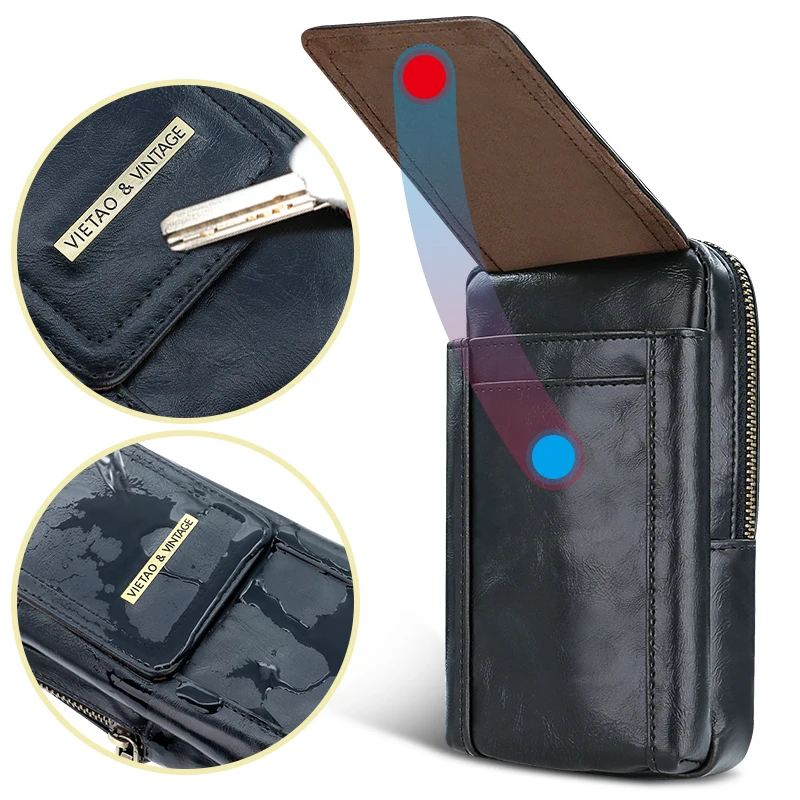 Outdoor Adventure Black PU Leather Phone Case - Vertical Large Capacity Zipper Pouch