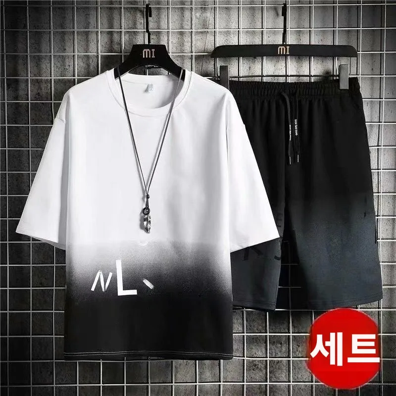 남성 캐주얼 스포츠웨어 아이스 실크 반팔 티셔츠 여름 신상 패션 브랜드 세트 ..