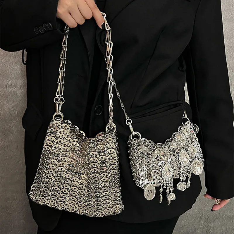 Luxury Designer Women's Bag Trend Hand Woven Hollow Metal Chain Tote Bag Clutch Female Bag Travel Holiday Shoulder Bag Handbag 3