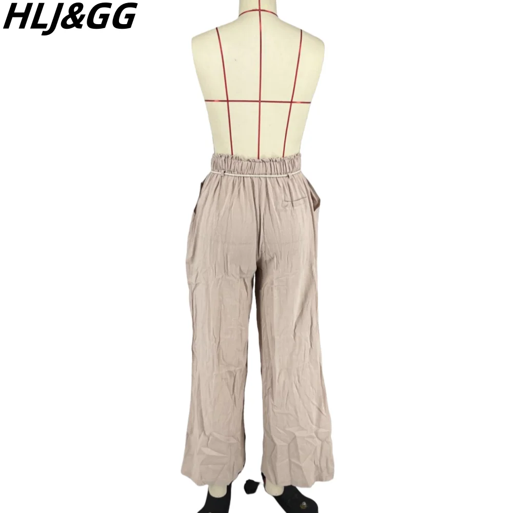 HLJ&GG Fashion Solid Color Drawstring Wide Leg Pants Women Elastic High Waist Hip-hop Straight Trousers Casual Matching Bottoms