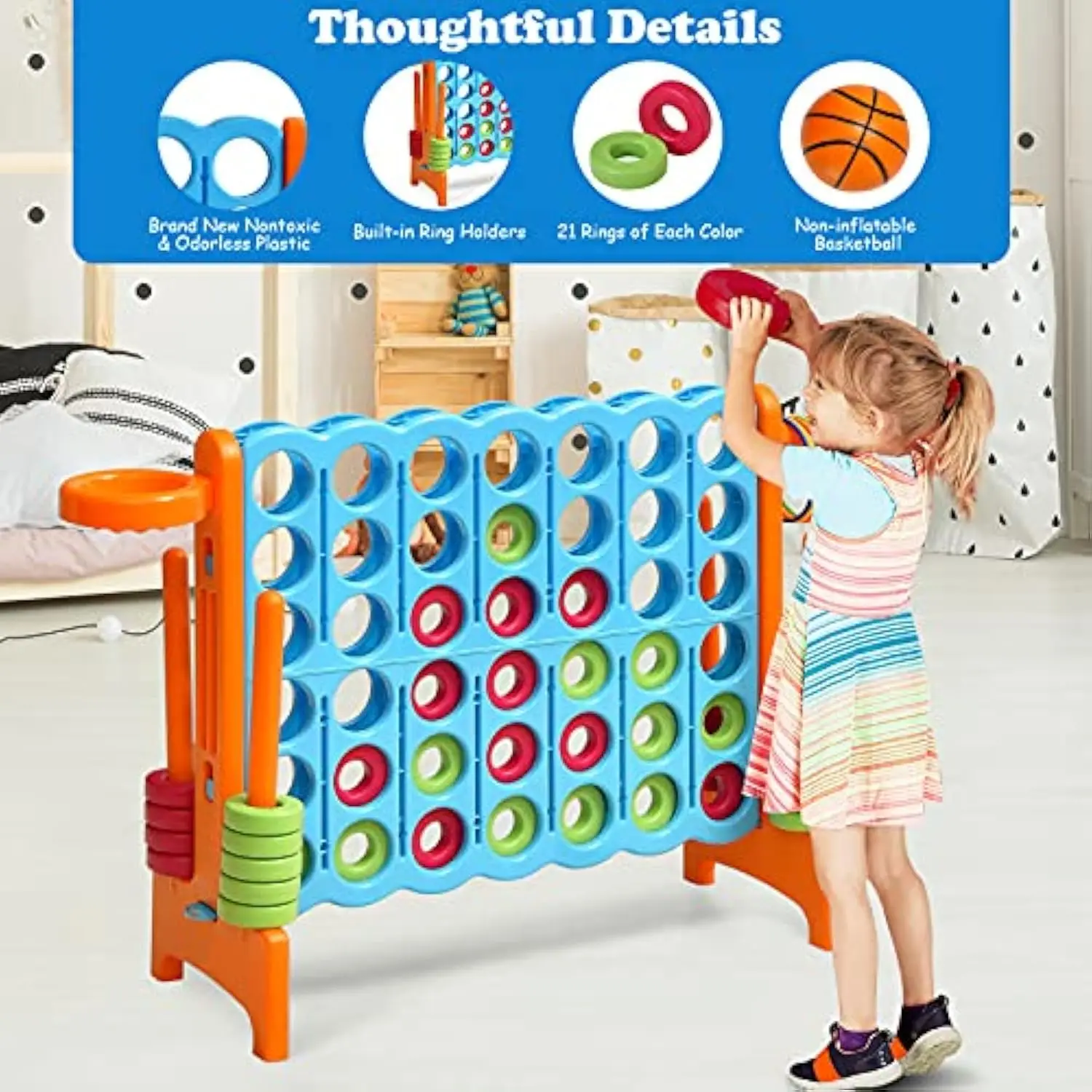 4-in-A-Row, Jumbo 4-to-Score Giant Game w/Basketball Hoop, Ring Toss, 42 Jumbo Rings without carrying bag Connect Game for Kids