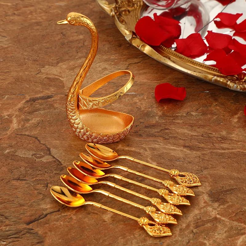 picnic cutlery set western style cutlery set camping cutlery set stainless steel cutlery set cutlery set 7PCS Stainless Steel Creative Dinnerware Set Decorative Swan Base Holder 6 Spoons For Coffee Fruit Dessert Stirring Mixing