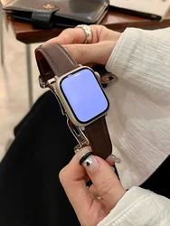 Elegant Real Leather Bracelet Strap - 42 44 45 49(S10)46mm (Silver Chocolate)