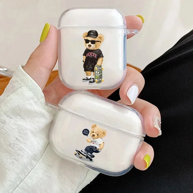 Teddybär-Kopfhörerhülle für Apple AirPods 4 3 2 1, transparente, schützende, lustige Cartoon-Tier-transparente Abdeckung für AirPods Pro2-Hülle