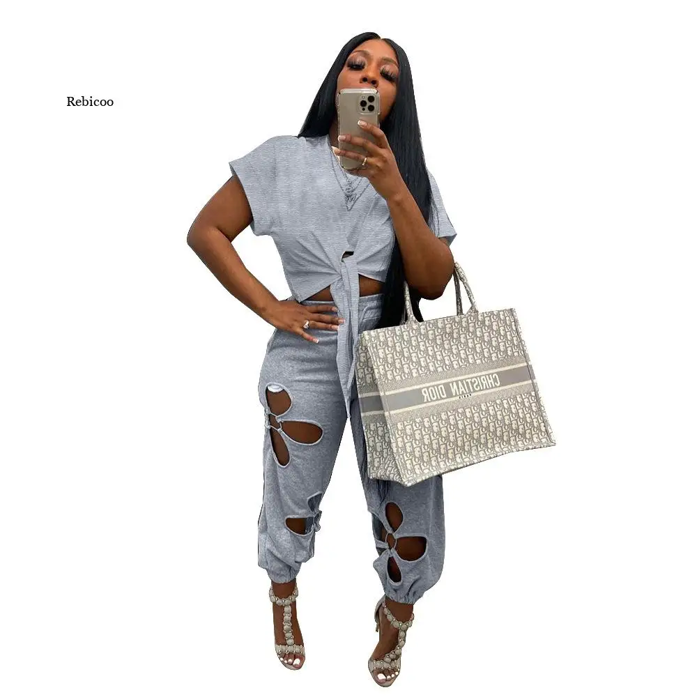 

Lace Up Cropped Short Sleeves Top Flower Hole Trousers Suit Women Summer New Solid Color Cotton Irregular 2 Pieces Set