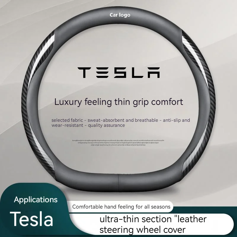 

No Smell Thin For tesla Steering Wheel Cover Genuine Leather Carbon Fiber Fit model3 y