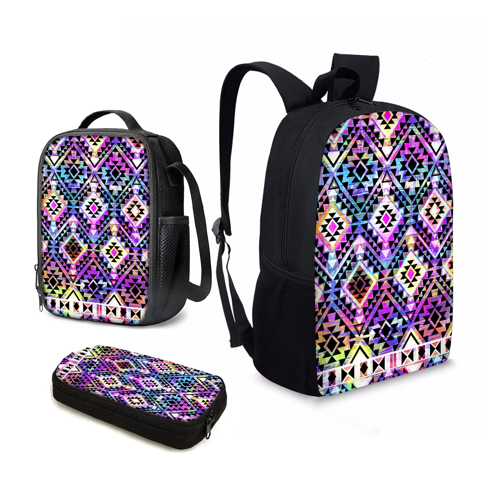 

YIKELUO Purple Psychedelic Aztec Print 3pcs Student Back To School Gift Bag Durable Spring Outing Bag For Girl Lunch Bag