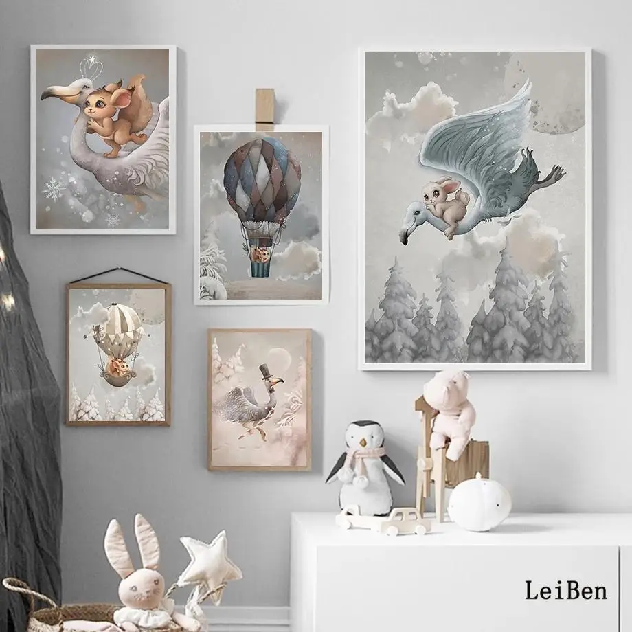 

Kids Room Decoration poster Fairy Flamingo Cat Rabbit Horse Crane Prints Nursery Baby Wall Art Canvas Painting Nordic Pictures