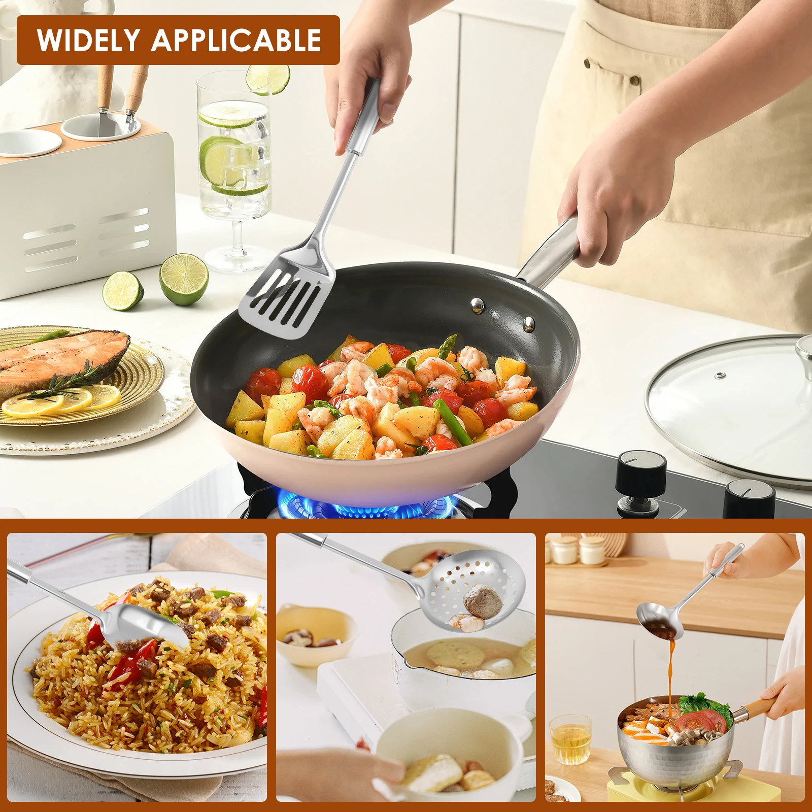 6Pcs Cooking Utensils Set Stainless Steel Kitchen Utensil Set Heat Resistant Wok Utensils Versatile Kitchen Cooking