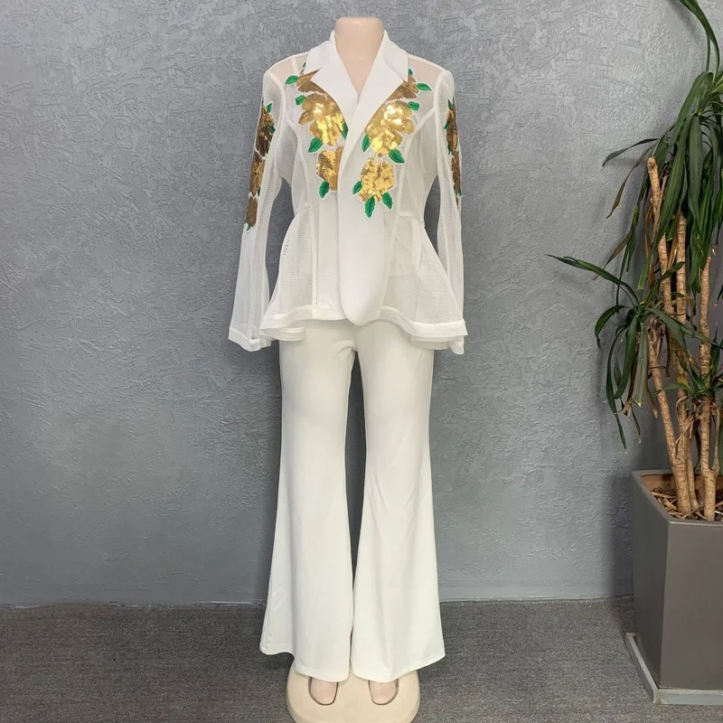 

African Clothes Women Spring Autumn African Women V-neck Green Black White Polyester Three Pieces Sets Top Inner and Long Pant