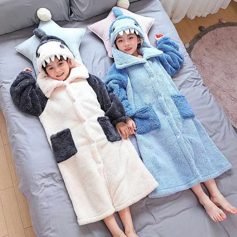 Fashion Boys Girls Winter Pajamas Hooded Cartoon Bathrobe Flannel Robe Set Kids Children Sleepwear Coral Velvet Home Clothes