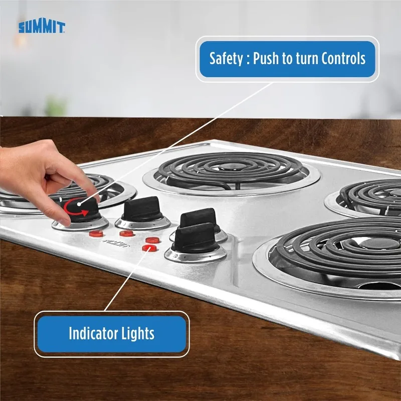 Summit 30" 4 Burner Electric Cooktop, 230 Volt Coil Electric Cooktop, ADA compliant, Stainless Steel- CR430SS 2