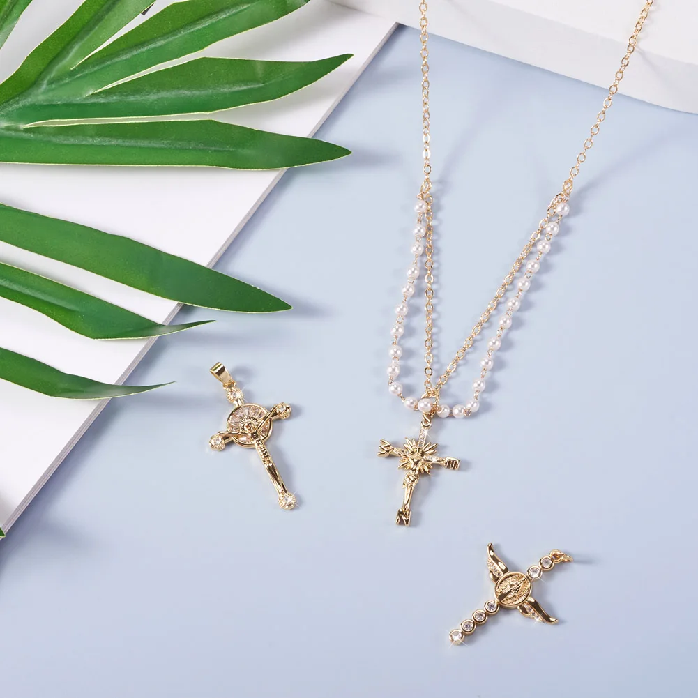 8Pcs Brass Cubic Zirconia Pendants Religion Theme Cross Charms For Jewelry Making Vintage Women Necklace Earring  Accessories