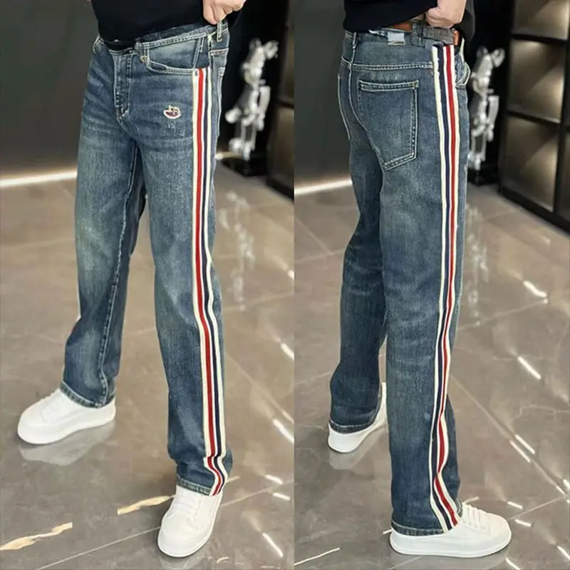 

Autumn Korean Edition Ribbon Spliced Pants Wide Leg Blue Jeans Fashion Straight Fit Men's Pants