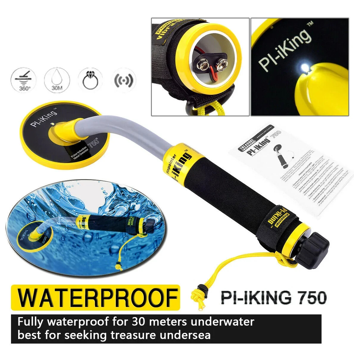 Metal detector Quality 30m Underwater Metal Detector PI-iking 750 Induction Pinpointer Expand Detection Depth with LED Light When Detects Metal