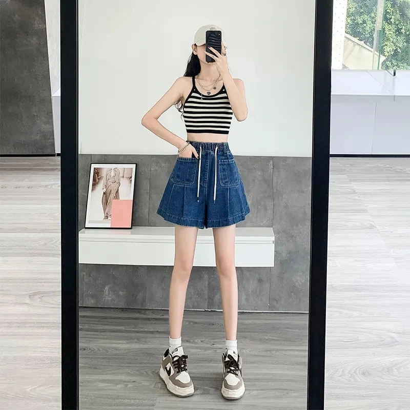 Large Size Denim Shorts Female Summer Thin Wide Legs Loose High Waist Pants Casual Elastic Folds Jeans Baggy Fashion Short Pant